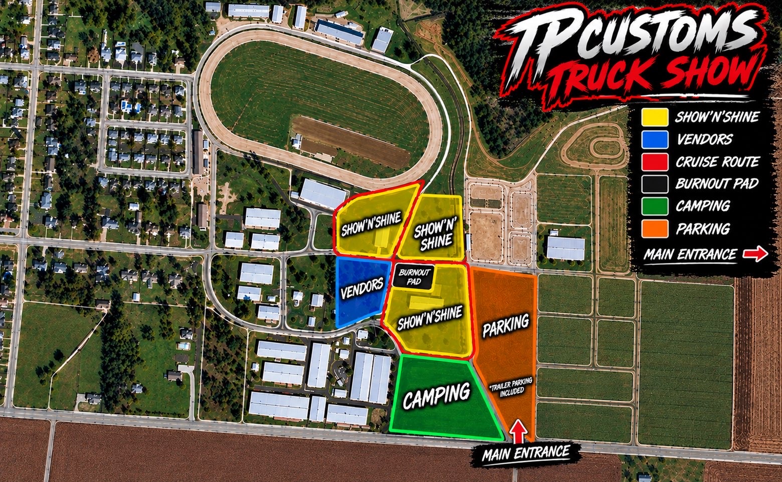 TPcustoms Truck Show grounds map — Show'n'Shine, Vendors, Cruise Route, Burnout Pad, Camping, Parking, and Main Entrance at Champaign County Fairgrounds